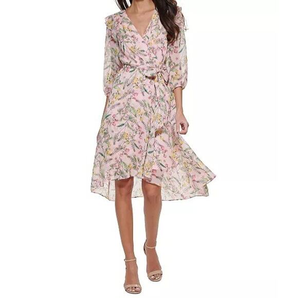 Tommy Hilfiger Dresses & Skirts - TOMMY HILFIGER Women's 16 Midi Dress Chiffon Pink Floral 3/4 Sleeve Faux Wrap